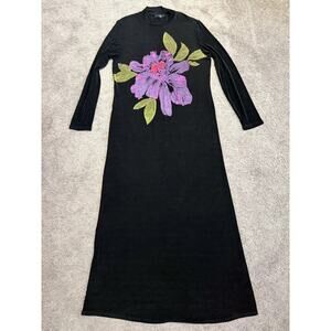Vintage Carole Little Size 12 Black Dress with Purple Floral Design Long Sleeve